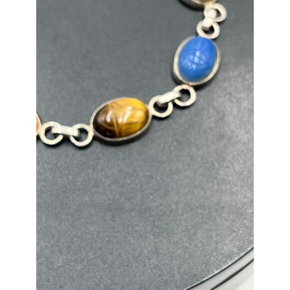 Sterling Silver Scarab Carnelian Lapis Tiger Eye Six Natural Stones Bracelet 8” - Picture 6 of 9